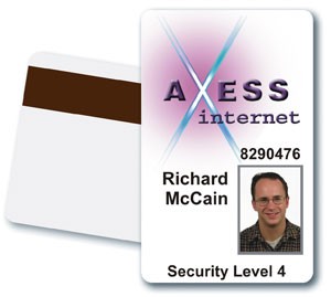 Image of a ID badge from Axess Internet showing a photo of Richard McCain with Security Level 4 printed at the bottom